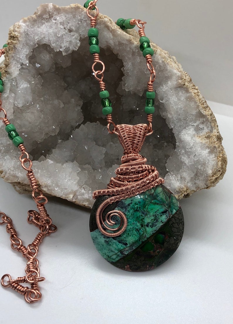 Copper wire wrapped green and black pendant with matching necklace image 6