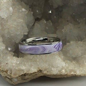 Surgical steel and marbled polymer clay ring size 10 purple image 5