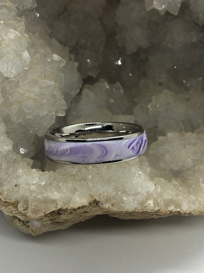 Surgical steel and marbled polymer clay ring size 10 purple image 5