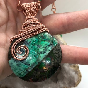 Copper wire wrapped green and black pendant with matching necklace image 4