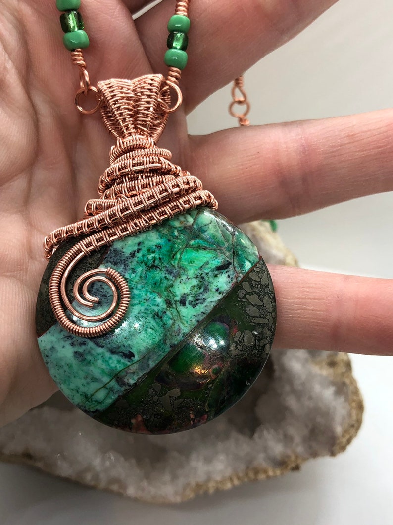 Copper wire wrapped green and black pendant with matching necklace image 4