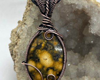 Antiqued copper wire wrapped Ocean Jasper  pendant