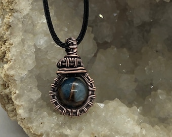 Copper wire wrapped blue opal and bronzite bead pendant necklace