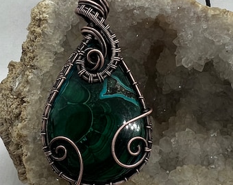 Copper wire wrapped chrysacolla malachite pendant