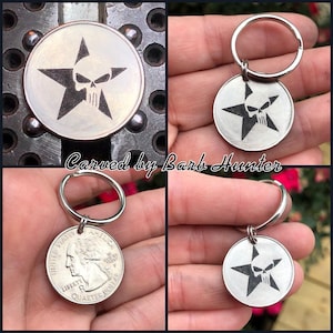 Punisher skull star carved coin key fob