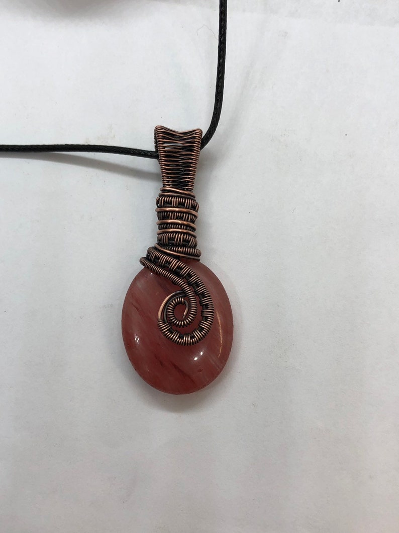 Copper Wire wrapped Cherry quartz crystal pendant necklace