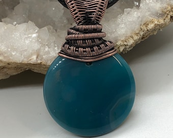 Copper wire wrapped blue agate pendant