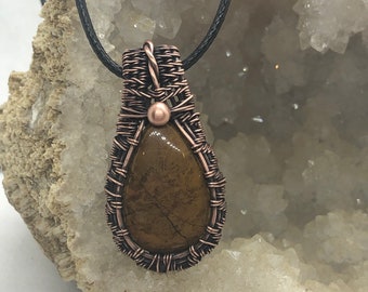 Antiqued copper wire wrapped jasper pendant