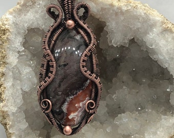 Crazy lace agate copper wire wrapped pendant