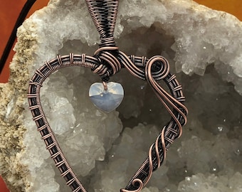 Antiqued copper wire wrapped twisted heart pendant