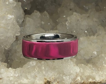 Surgical steel and marbled polymer clay ring (size 8 pink)