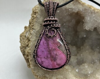 Antiqued copper wire wrapped colbolt calcite  pendant