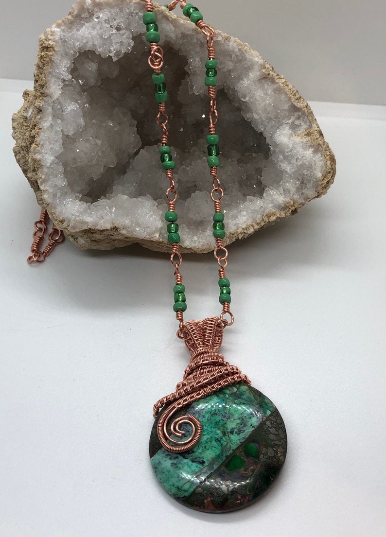 Copper wire wrapped green and black pendant with matching necklace image 1