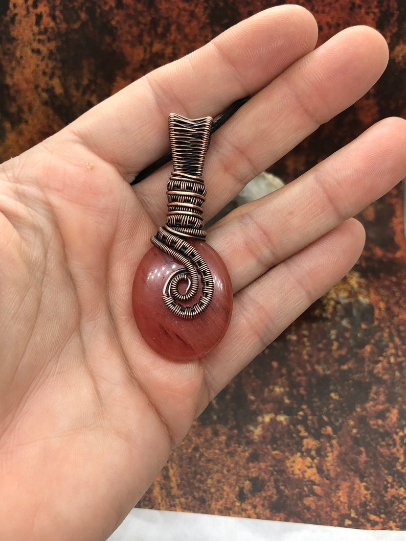 Copper Wire wrapped Cherry quartz crystal pendant necklace
