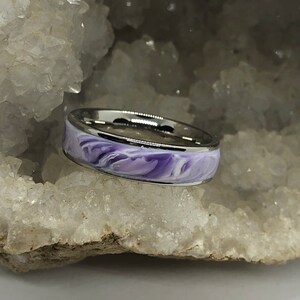 Surgical steel and marbled polymer clay ring size 10 purple image 1