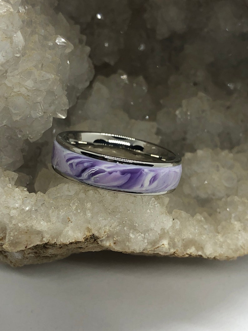 Surgical steel and marbled polymer clay ring size 10 purple image 1