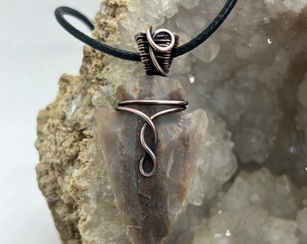 Antiqued copper wire wrapped Ohio flint arrowhead pendant