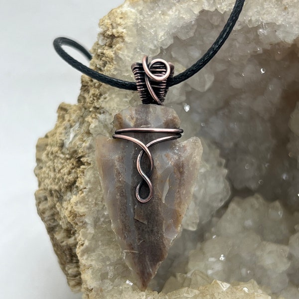 Antiqued copper wire wrapped Ohio flint arrowhead pendant