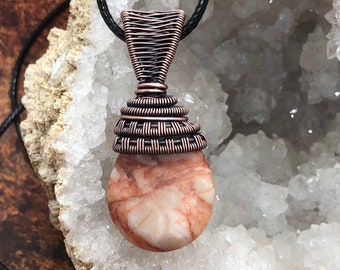 Copper wire wrapped pendant red line marble