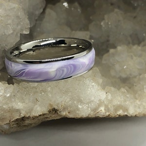 Surgical steel and marbled polymer clay ring size 10 purple image 2