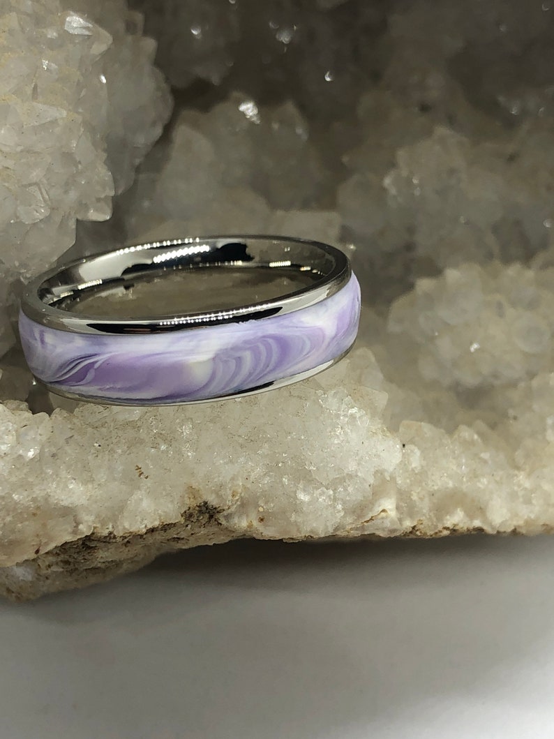 Surgical steel and marbled polymer clay ring size 10 purple image 2