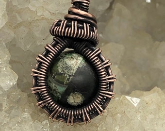 Antiqued copper wire wrapped agate bead pendant