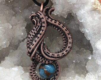 Antiqued copper wire wrapped sea blue opal with bronzite marbled quartz pendant