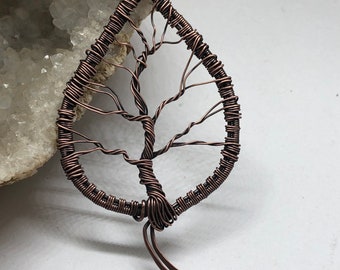 Antiqued copper wire wrapped tree of life leaf pendant