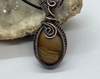 Antiqued copper wire wrapped picture jasper pendant