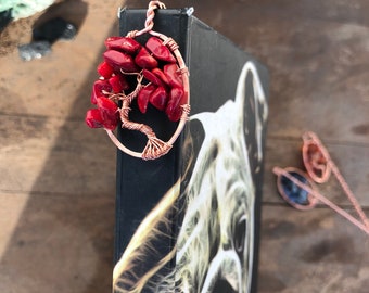 Copper wire Red coral tree of life bookmark