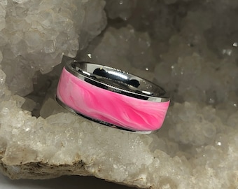 Surgical steel and marbled polymer clay ring (size 9.5 pink)