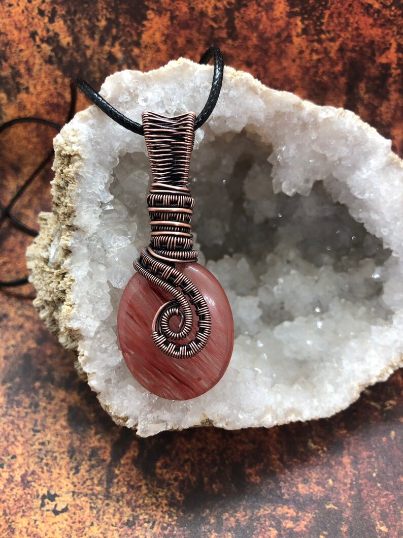 Copper Wire wrapped Cherry quartz crystal pendant necklace