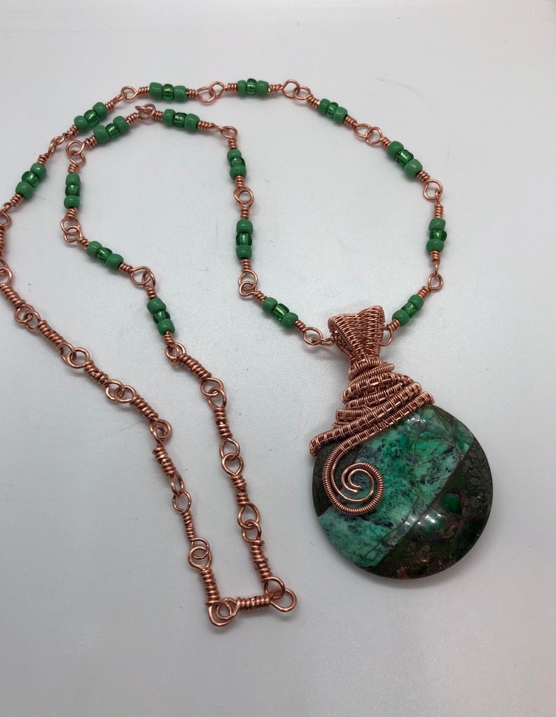 Copper wire wrapped green and black pendant with matching necklace image 7