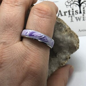 Surgical steel and marbled polymer clay ring size 10 purple image 4