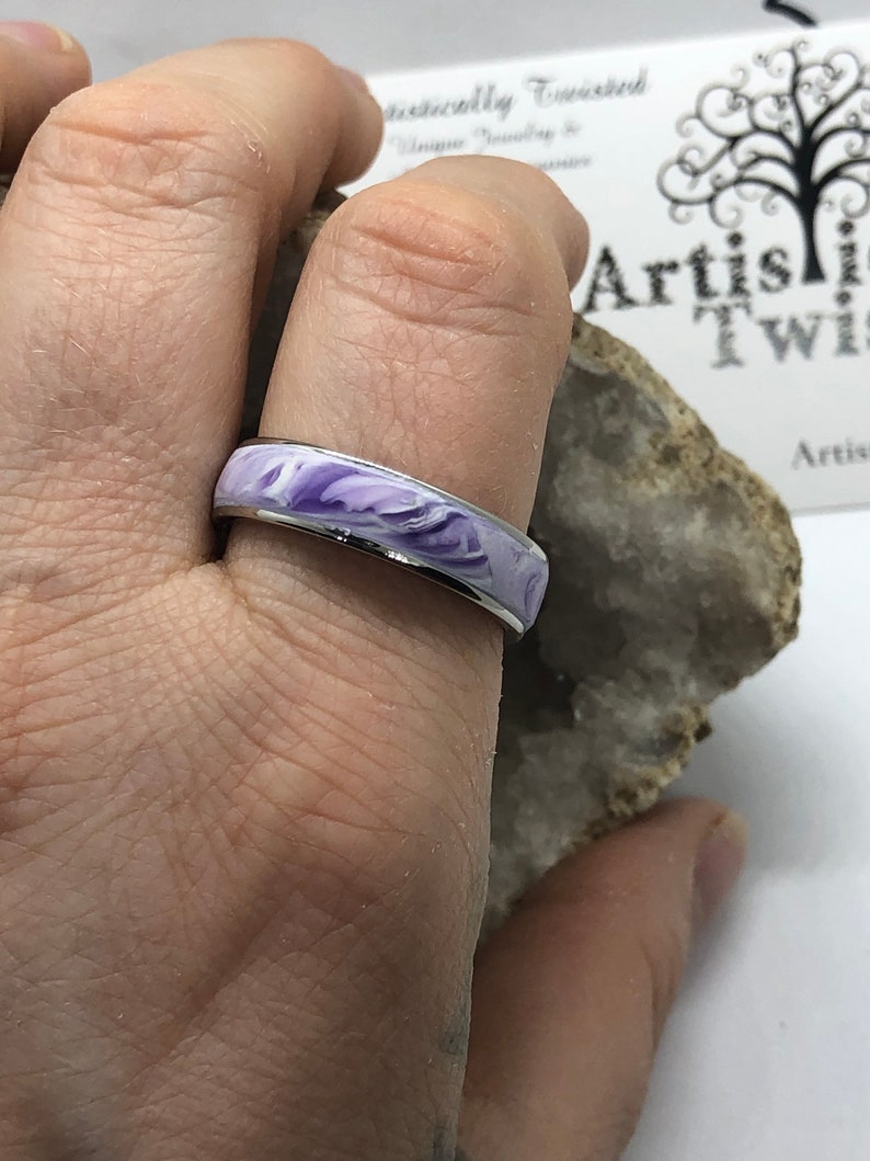 Surgical steel and marbled polymer clay ring size 10 purple image 4