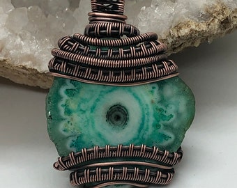 Antiqued copper wire wrapped dyed green sliced agate crystal pendant necklace
