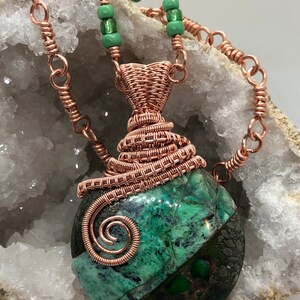 Copper wire wrapped green and black pendant with matching necklace image 2