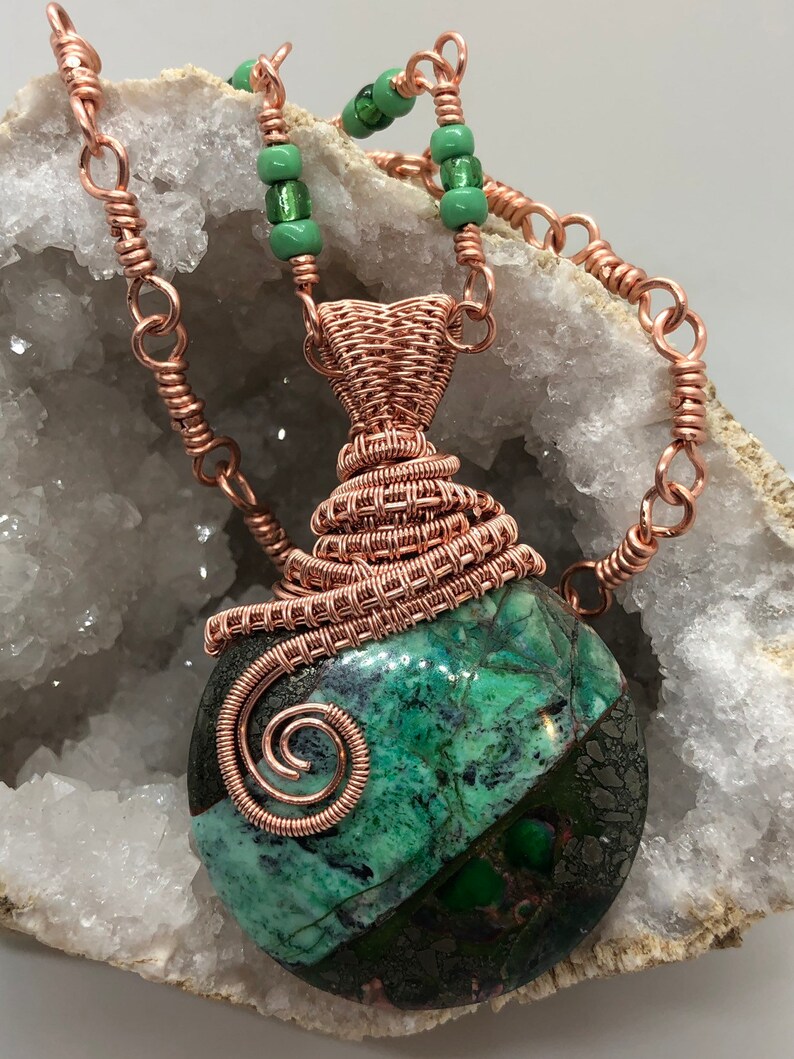 Copper wire wrapped green and black pendant with matching necklace image 2