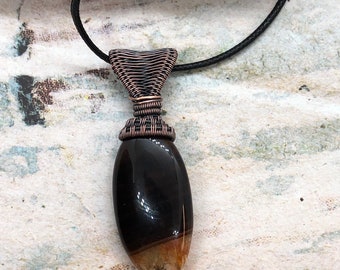 Antiqued copper wire wrapped agate pendant