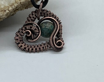 Antiqued copper wire wrapped multicolored bead mini heart pendant