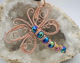 Copper wire wrapped dragonfly pendant w/ mermaid colored faceted beads