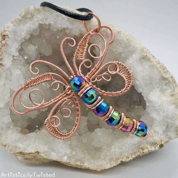 Copper wire wrapped dragonfly pendant w/ mermaid colored faceted beads