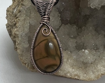 Antique copper wire wrapped jasper pendant