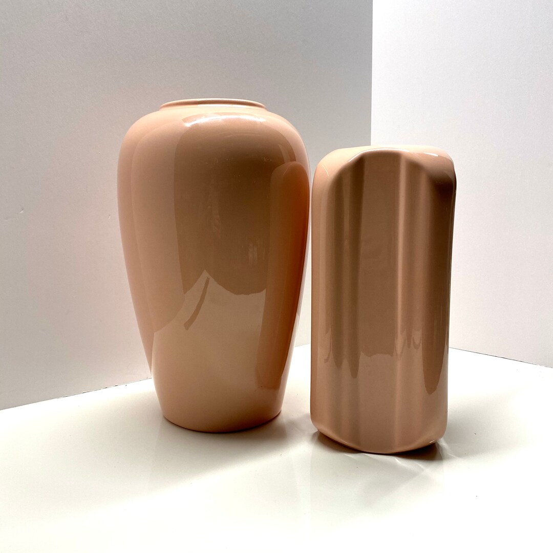 Eighties Art Deco Revival Peachy Pink Large Ceramic Vases Etsy