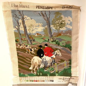 Vintage Needlepoint Coat’s and Clark Completed Large Scale the Hunt Penelope Anglophile English Decor