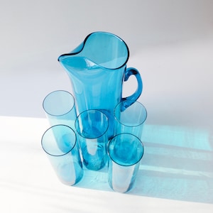 Vintage Glass Teal Turquoise Pitcher and Tumblers