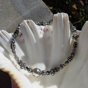 Bali Sterling Silver, Polished Sterling Silver, and Swarovski Crystal Beaded Bracelets, Bali Silver Bracelet, Swarovski Crystal Bracelet