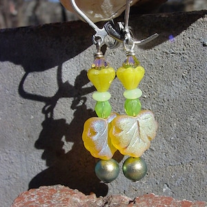 Bright Yellow Czech Glass Bead Earrings, Swarovski Pearl and Czech Flower Earrings, Czech Glass Yellow Leaf and Lime Green Earrings