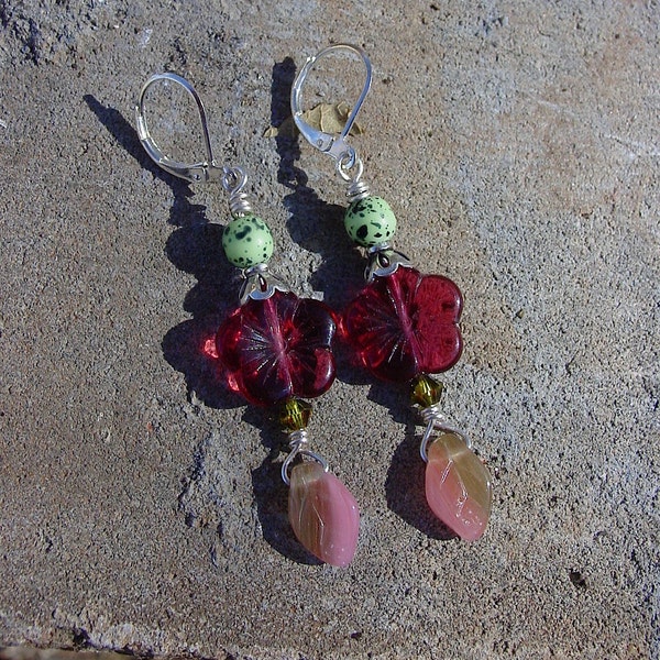 Raspberry Czech Glass Flower and Pink Leaf with Light Green Bird's Egg Bead Earrings, Floral Earrings, Sterling Silver Ear Wires