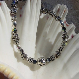 Bali Sterling Silver Bracelet, Polished Sterling Silver Bracelet, and Swarovski Crystal Beaded Bracelets, Sterling Silver Bracelet